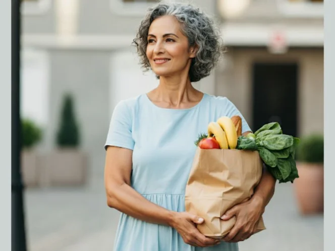 A person effortlessly performing a real-life activity, like carrying groceries