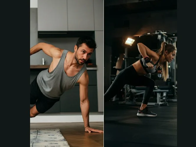 A Split-screen image_ one side shows a person doing a challenging home workout, and the other side shows someone working out with various equipment in a gym