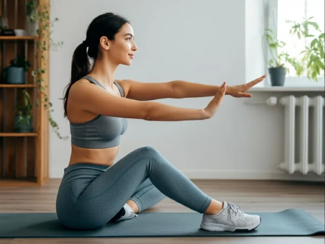 A beginner confidently trying a new exercise at home without feeling overwhelmed by a gym environment.