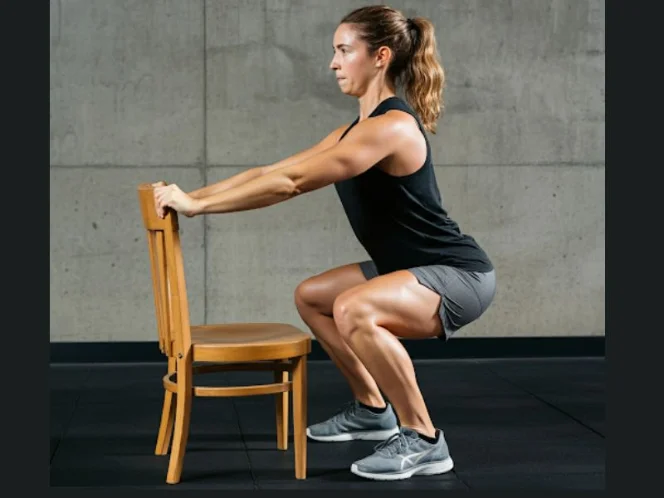 A beginner performing a modified squat with a chair for support, demonstrating that functional fitness can be adapted to all levels