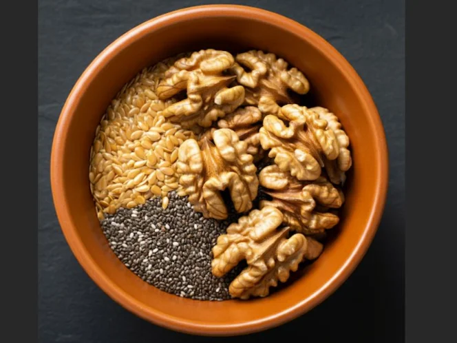 A bowl of walnuts, flax seeds, and chia seeds, representing plant-based sources of omega-3 fatty acids