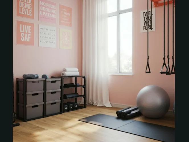 A clean and organized home workout space with motivational posters and good lighting