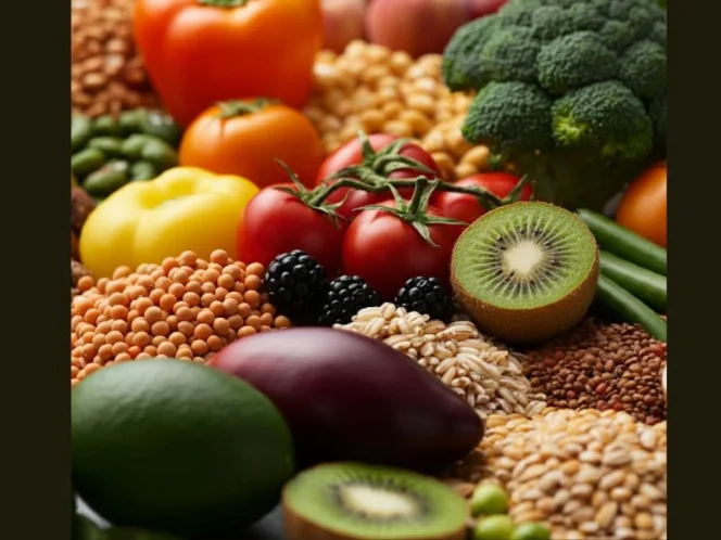 A close-up of a variety of colorful fruits, vegetables, whole grains, and legumes