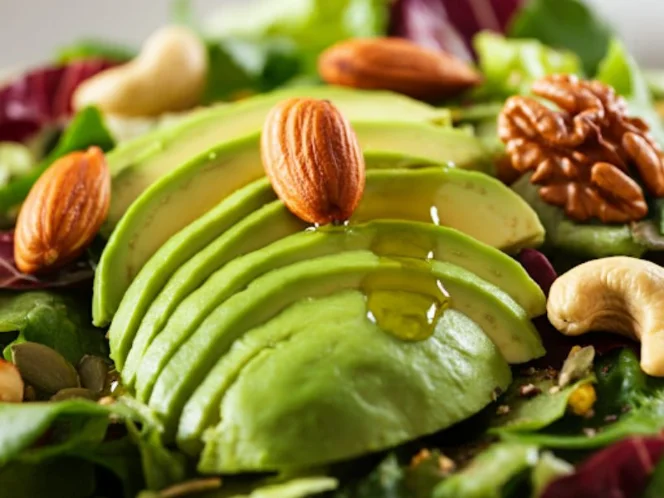 A close-up of avocado slices, a handful of nuts, and a drizzle of olive oil over a salad
