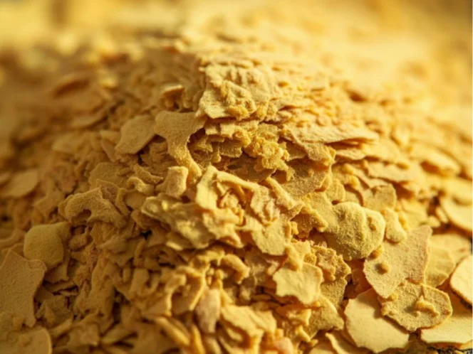 A close-up of nutritional yeast flakes, a common source of vitamin B12 for vegans