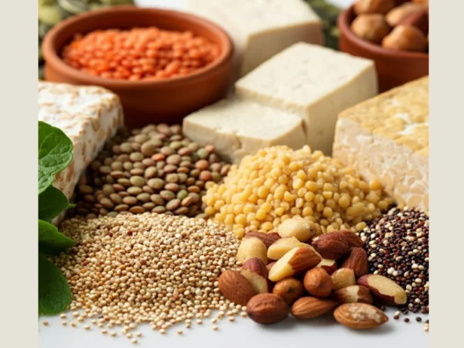 A close-up of various plant-based protein sources, such as lentils, tofu, tempeh, quinoa, and a handful of nuts and seeds