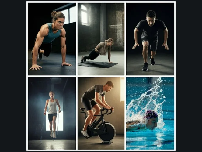 A collage showcasing diverse examples of HIIT exercises, including sprints, burpees, jump rope, cycling, and swimming