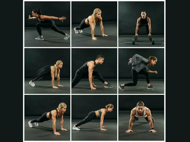 A collage showcasing various bodyweight exercises, such as squats, lunges, push-ups, planks, and burpees