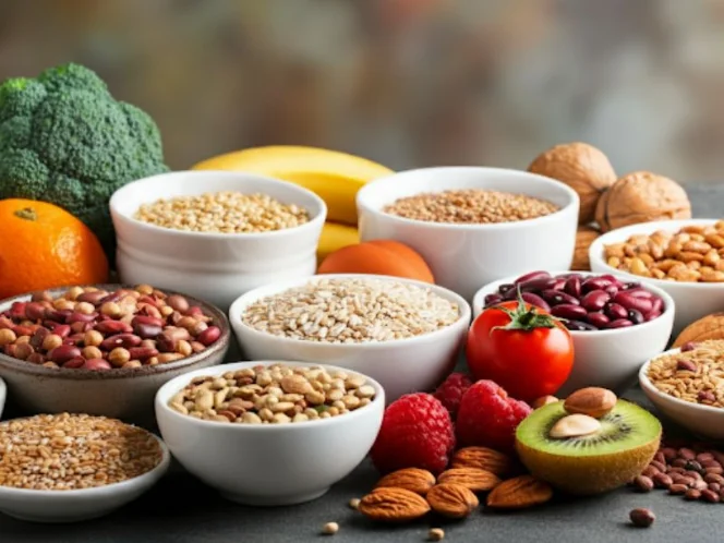 A colorful array of fruits, vegetables, whole grains, legumes, and nuts, representing gut-friendly foods