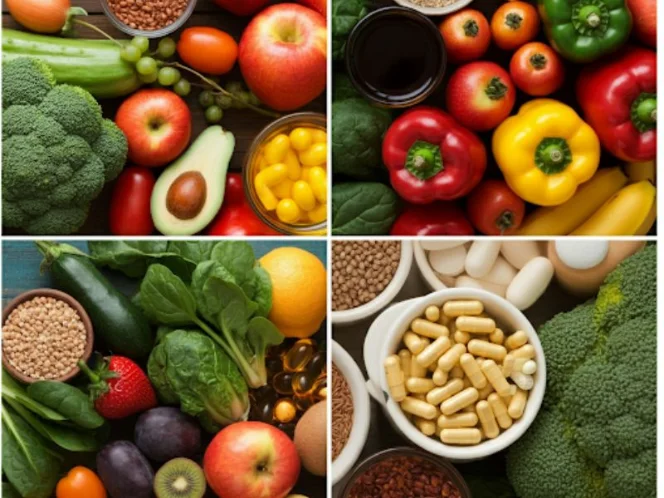 A colorful collage showcasing various fruits, vegetables, and supplement pills, representing the synergy between whole foods and supplements for optimal nutrient intake