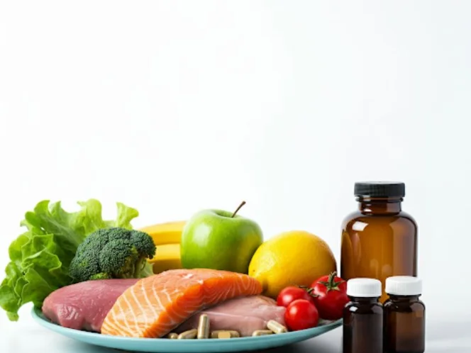 A colorful plate with a variety of fruits, vegetables, and lean protein, symbolizing a balanced diet alongside a few supplements' bottles