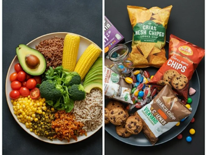 A comparison between a plate of whole plant-based foods and a plate of processed vegan snacks