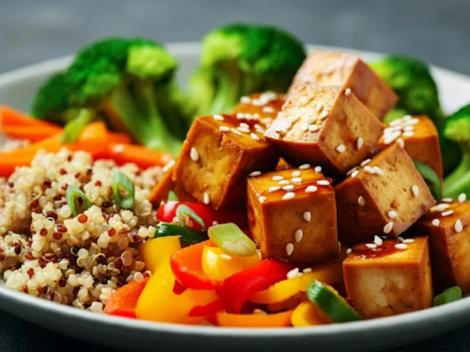 A delicious vegan meal with tofu, vegetables, and quinoa