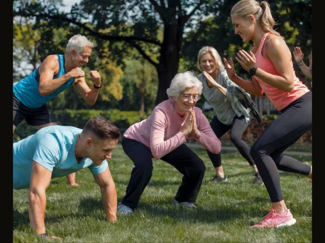 A diverse group of people of different ages and fitness levels engaging in various HIIT exercises