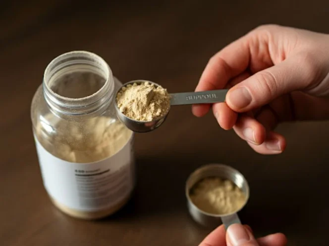 A hand holding a measuring spoon next to a supplement bottle, symbolizing the importance of starting with small doses and measuring carefully