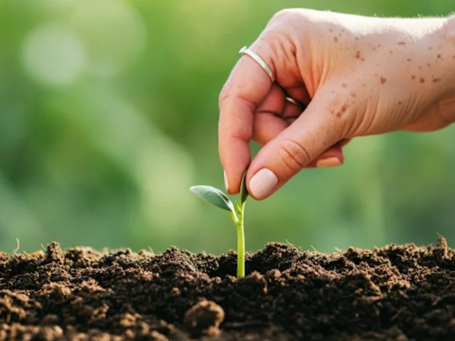 A hand planting a seed in fertile soil, symbolizing the growth and potential of a plant-based lifestyle