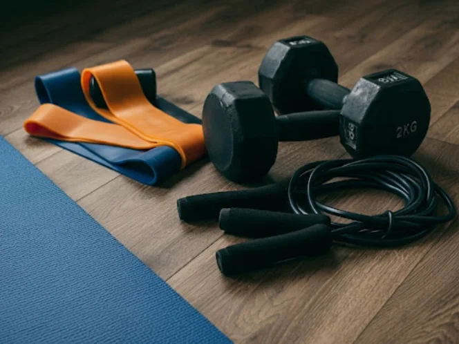 A home workout space with a yoga mat, resistance bands, dumbbells, and a jump rope