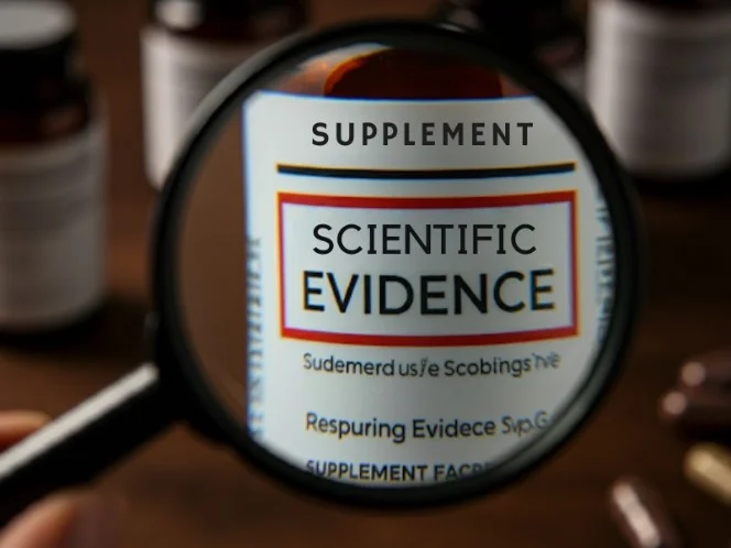 A magnifying glass examining a supplement label with the words _scientific evidence_ highlighted
