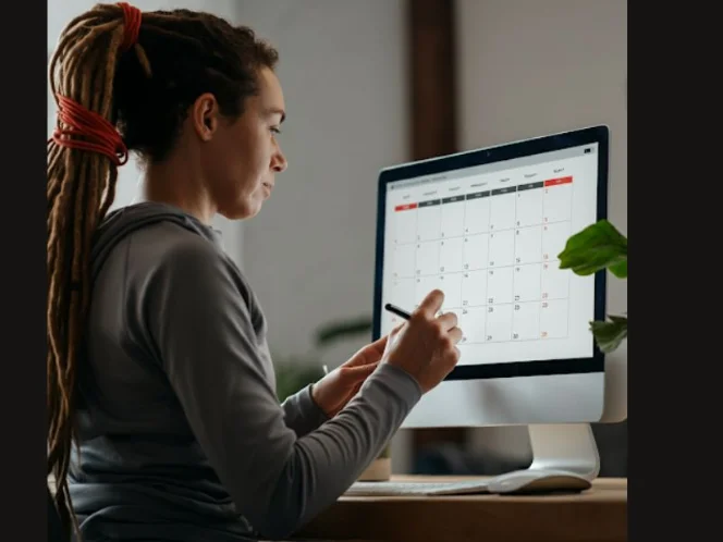 A person adding their workout schedule to their digital calendar, treating it as an important appointment