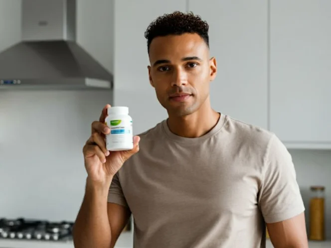 A person confidently holding a supplement bottle, symbolizing informed decision-making and empowerment