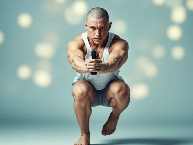 A person doing a challenging bodyweight exercise, such as a pistol squat