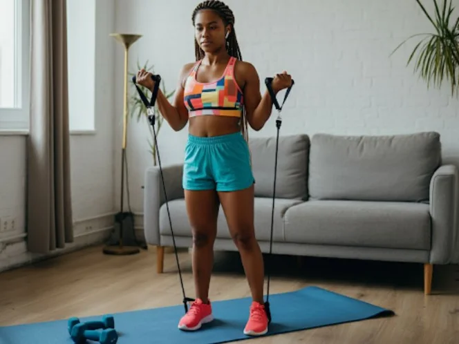 A person doing a home workout in their living room, with a yoga mat and some basic equipment like dumbbells and resistance bands