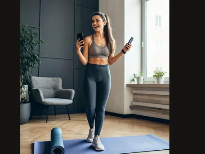 A person excited and ready to start their home workout, with a yoga mat laid out and workout clothes on
