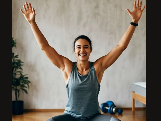 A person feeling empowered and accomplished after completing a home workout, with a sense of satisfaction and pride