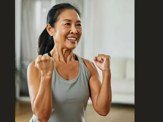 A person feeling energized and motivated during a home workout, with a smile on their face and focused determination