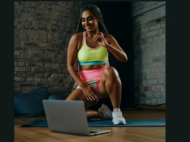 A person following a workout video on their laptop
