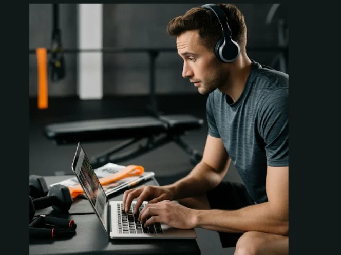 A person looking curious and engaged while watching a fitness video on their laptop, surrounded by workout equipment
