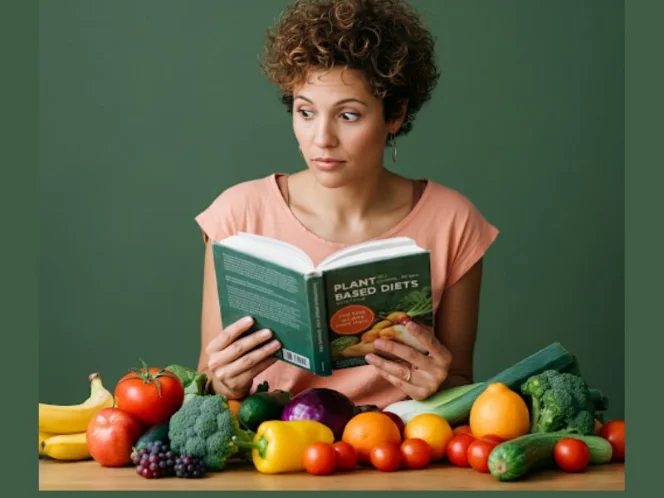 A person looking intrigued while reading a book about plant-based diets, surrounded by fresh fruits and vegetables