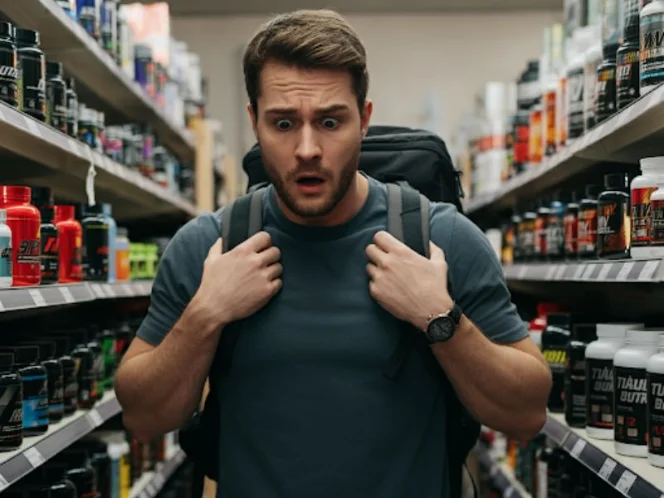 A person looking overwhelmed in a supplement store aisle, surrounded by various bottles and products