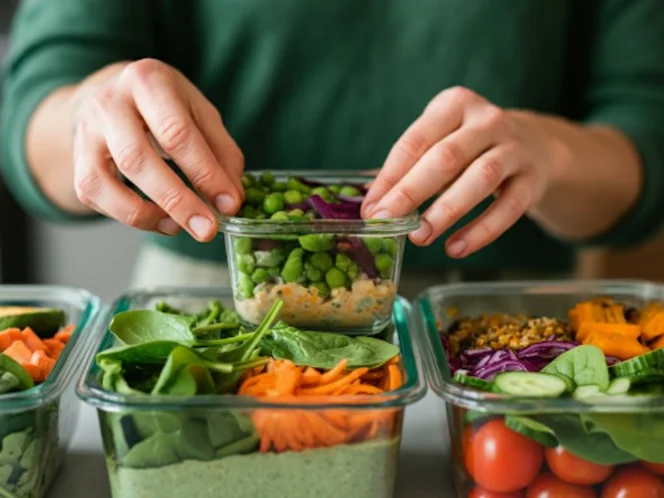 A person meal prepping plant-based meals for the week, showcasing organized containers with colorful ingredients