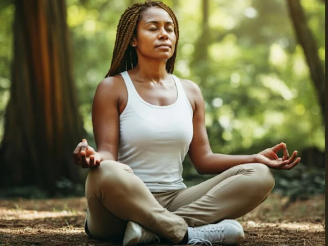 A person meditating in a peaceful setting, representing stress management techniques