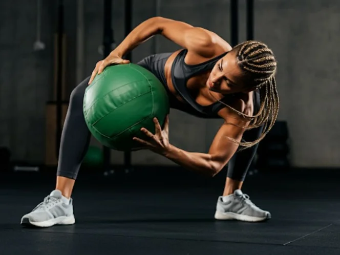 A person performing a Russian twist with a medicine ball, demonstrating controlled rotational movement