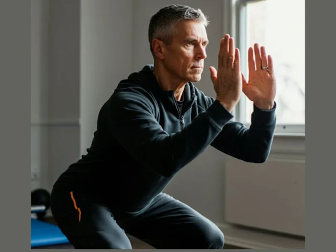 A person performing a proper bodyweight squat, demonstrating good form and technique