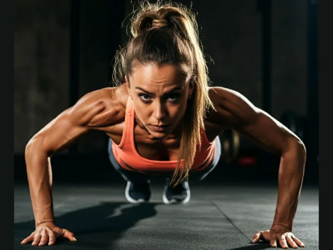 A person performing a push-up with correct form, maintaining a straight line from head to heels.