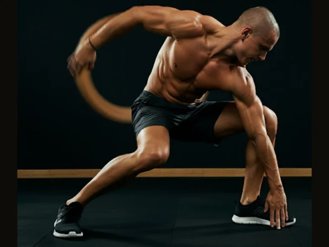 A person performing dynamic stretches like arm circles, leg swings, and torso twists