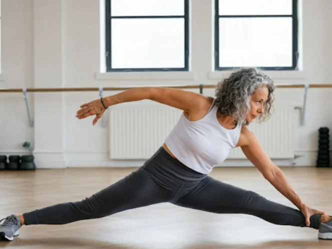 A person performing static stretches, holding each stretch for 15-30 seconds