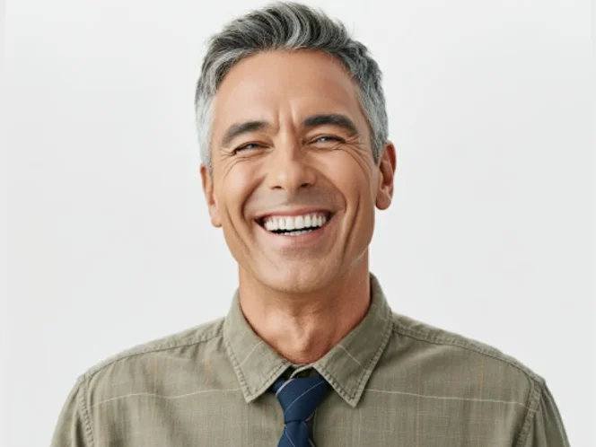 A person smiling radiantly, symbolizing the positive effects of a healthy gut microbiome