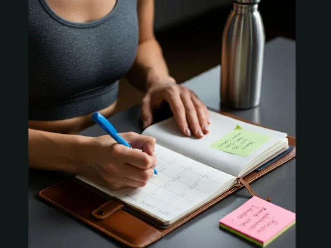 A person writing down their workout schedule in a planner, with motivational sticky notes and a water bottle nearby