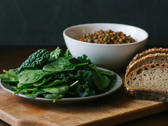 A plate of leafy green vegetables like spinach and kale, alongside a bowl of lentils and a slice of whole-grain bread