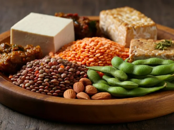 A platter showcasing a variety of plant-based protein sources, including tofu, tempeh, lentils, edamame, and a handful of nuts
