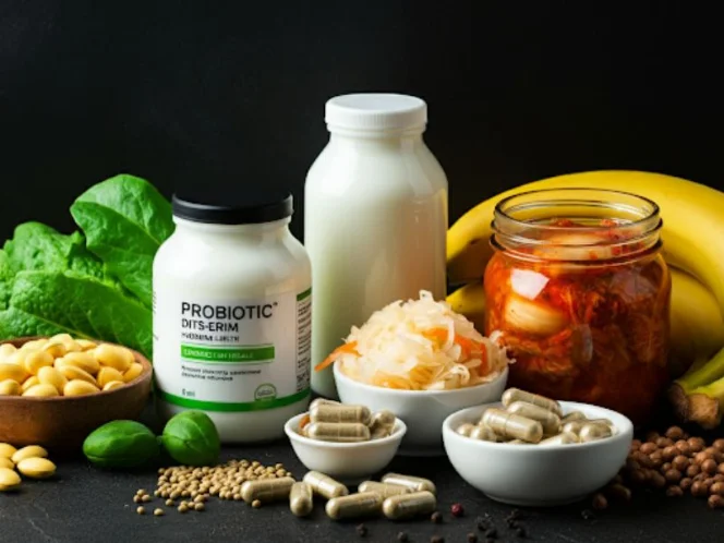 A selection of probiotic supplements and prebiotic-rich foods