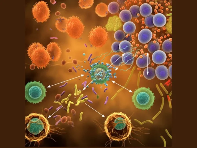 A stylized illustration of immune cells interacting with gut microbes, highlighting their role in immune system development