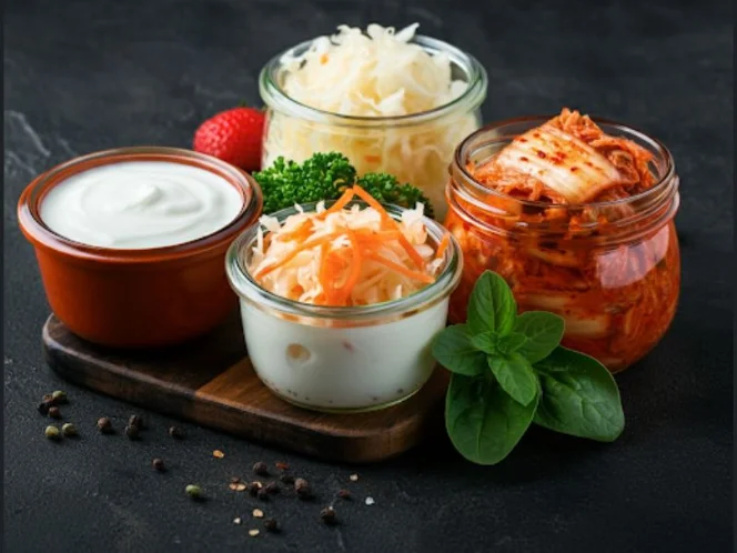 A variety of fermented foods like yogurt, sauerkraut, and kimchi, rich in probiotics