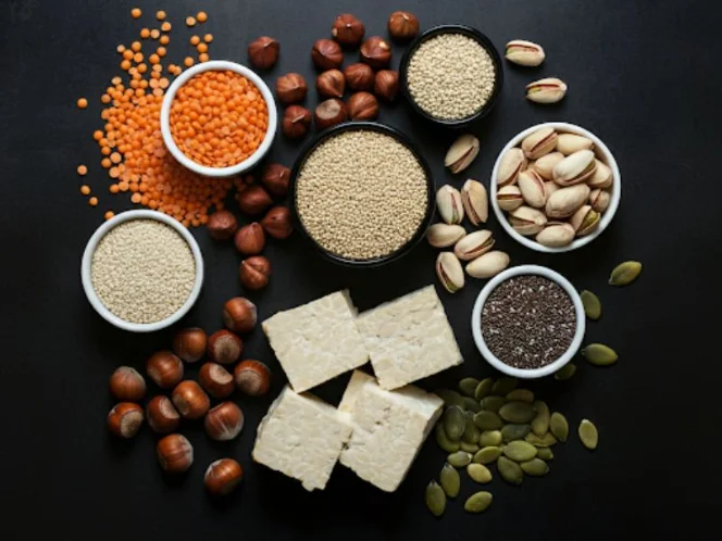 A variety of plant-based protein sources, such as lentils, tofu, tempeh, quinoa, nuts, and seeds.