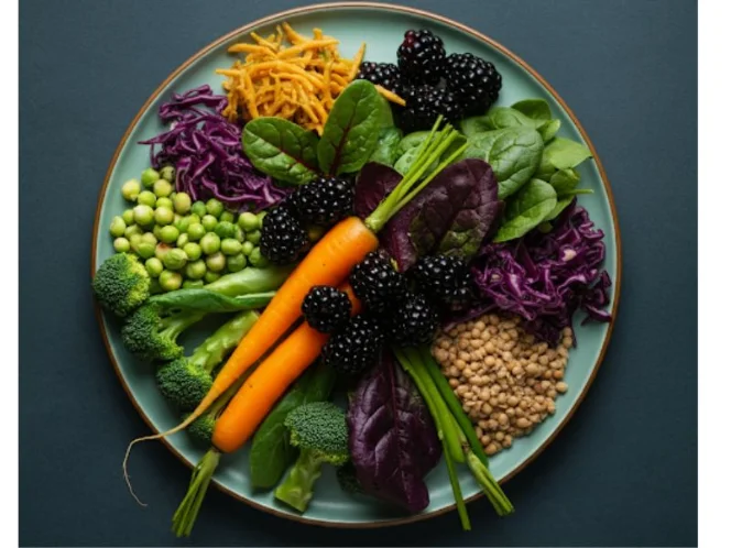 A vibrant plate filled with a variety of colorful plant-based foods, showcasing the diversity and nutritional richness of a well-planned plant-based diet