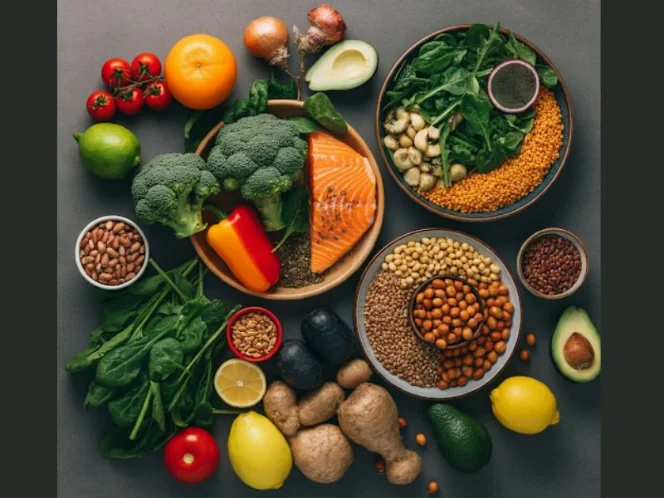 A vibrant table spread with a variety of plant-based foods, representing a balanced and nutrient-rich diet